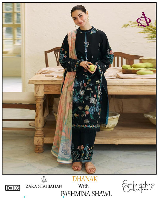 Fully EMB 3PC Dhanak Unstitched Winter Dress With Wool Shawl - W101