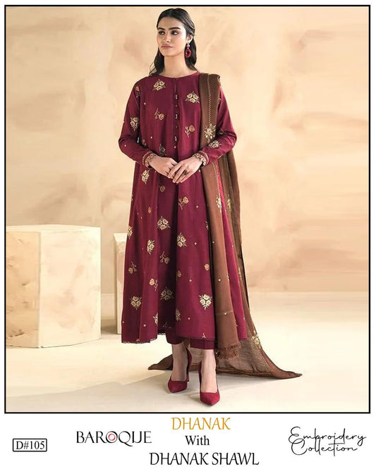 Fully EMB 3PC Dhanak Unstitched Winter Dress With EMB Shawl - W103