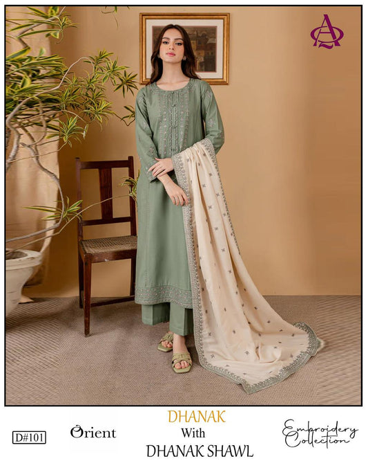 Fully EMB 3PC Dhanak Unstitched Winter Dress With EMB Shawl - W104