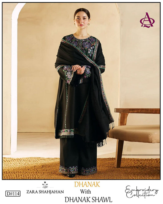 Fully EMB 3PC Dhanak Unstitched Winter Dress With Wool Shawl - W110