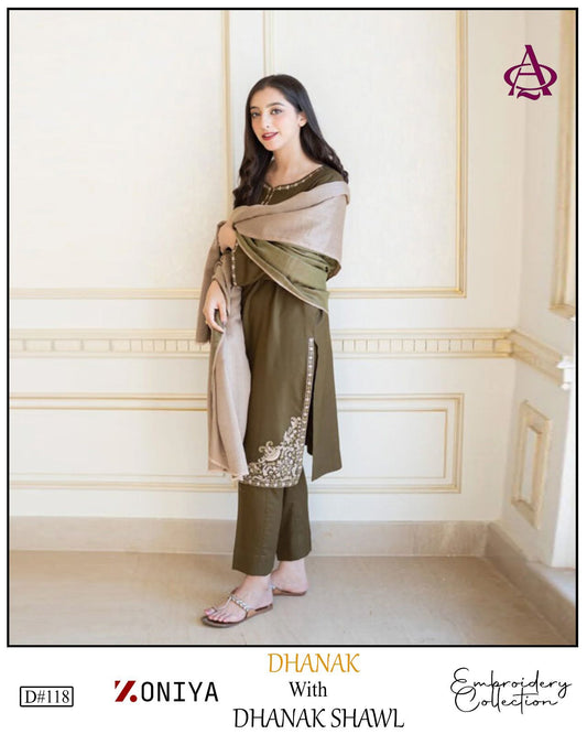 EMB 3PC Dhanak Unstitched Winter Dress With EMB Shawl - W111