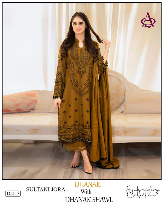 EMB 3PC Dhanak Unstitched Winter Dress With EMB Shawl - W112