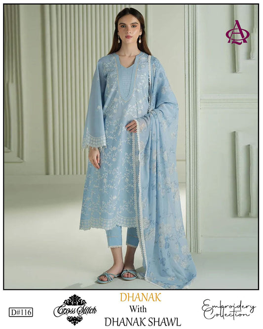 EMB 3PC Dhanak Unstitched Winter Dress With Printed Wool Shawl - W115