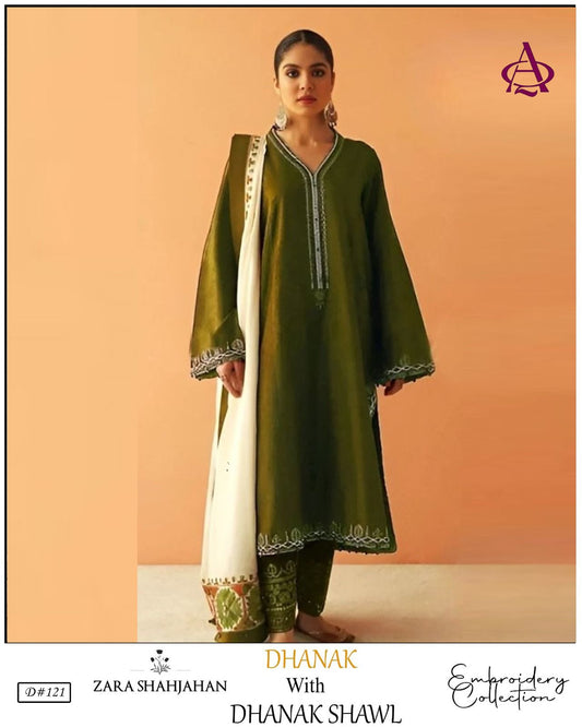 EMB 3PC Dhanak Unstitched Winter Dress With EMB Shawl- W117