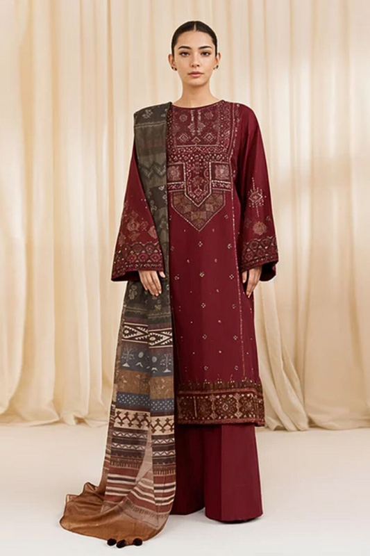 EMB 3PC Dhanak Unstitched Winter Dress With Printed Shawl- W120