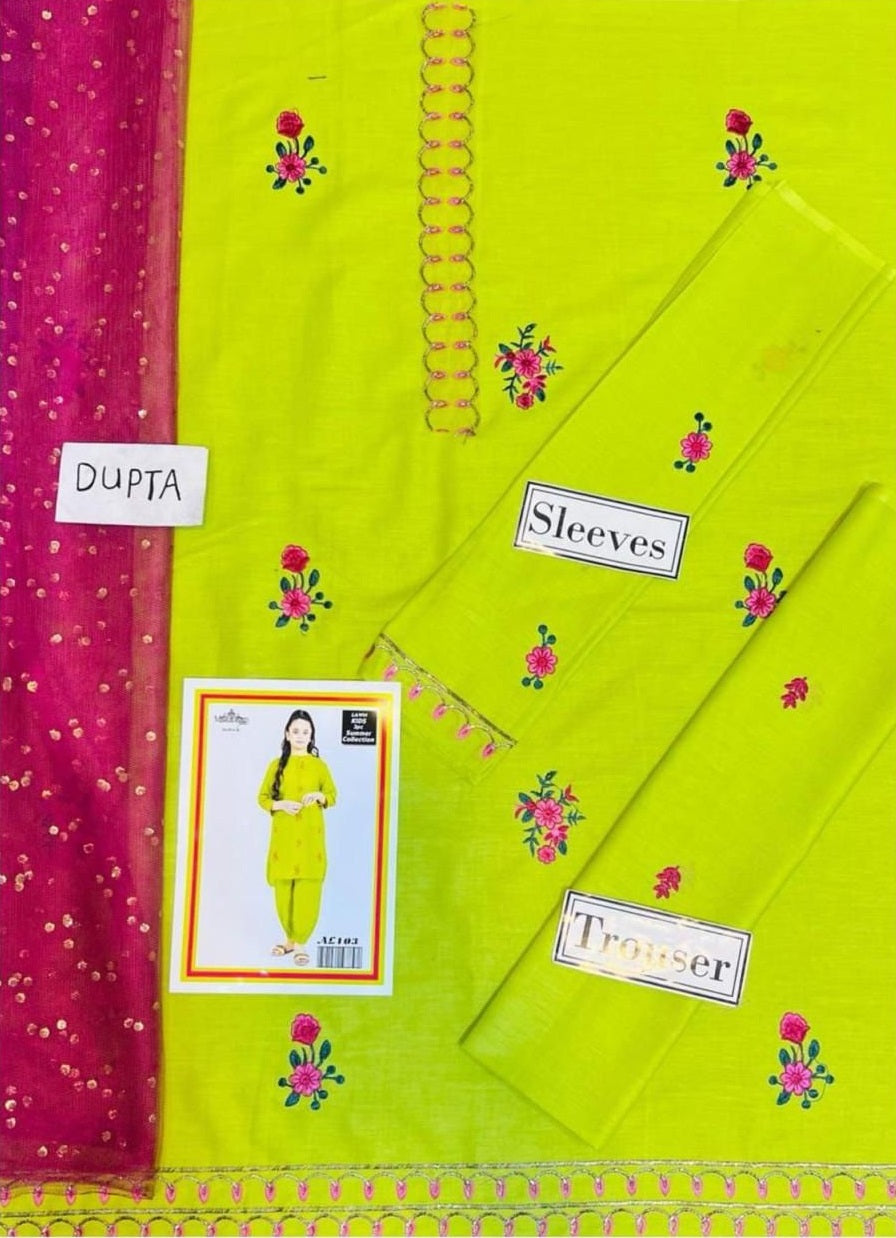 Kids 3PC Embroidered Lawn Dress With Net Dupatta - Unstitched - AL355