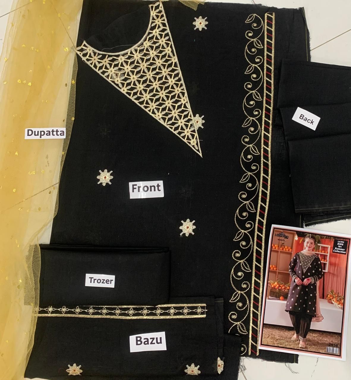 Kids 3PC Embroidered Lawn Dress With Net Dupatta - Unstitched - KD54