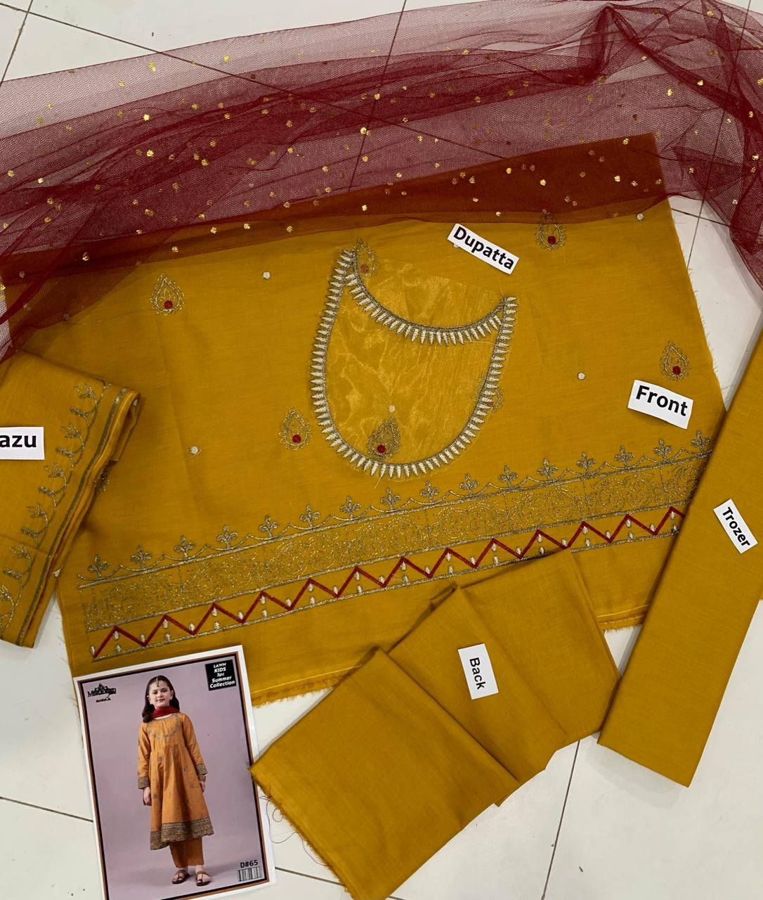 Kids 3PC Embroidered Lawn Dress With Net Dupatta - Unstitched - KD65