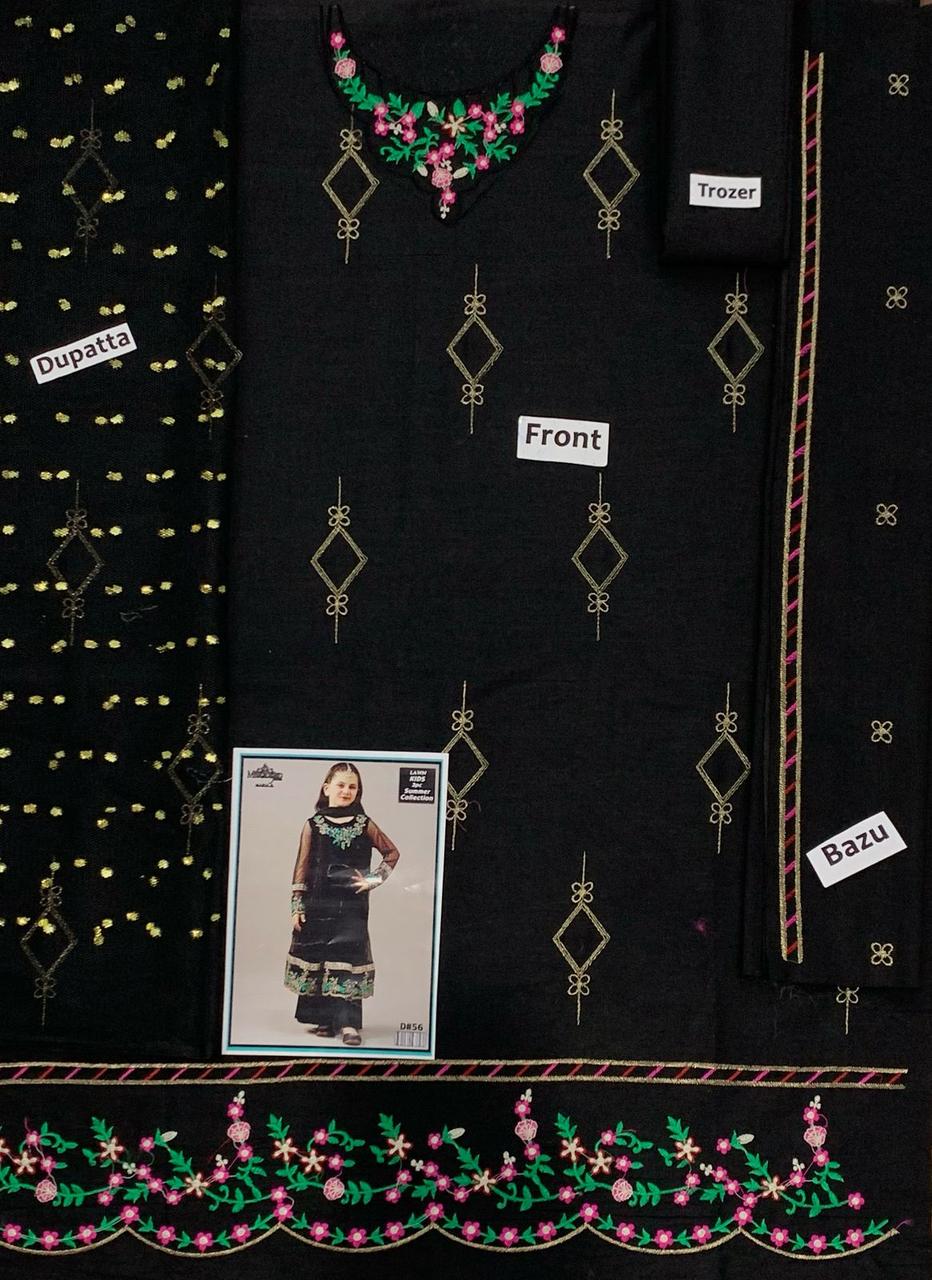 Kids 3PC Embroidered Lawn Dress With Net Dupatta - Unstitched - KD56