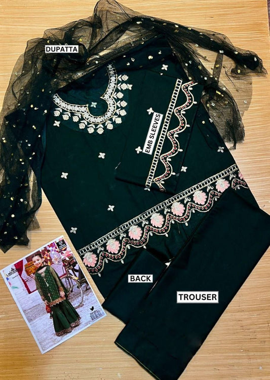 Kids 3PC Embroidered Lawn Dress With Net Dupatta - Unstitched - KD89