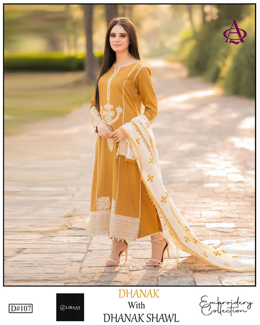 Fully EMB 3PC Dhanak Unstitched Winter Dress With EMB Shawl - W105