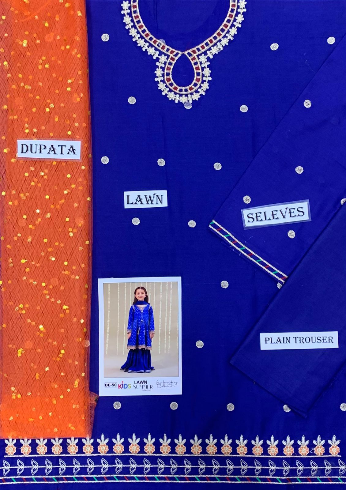 Kids 3PC Embroidered Summer Dress With Net Dupatta - Unstitched - DE-50