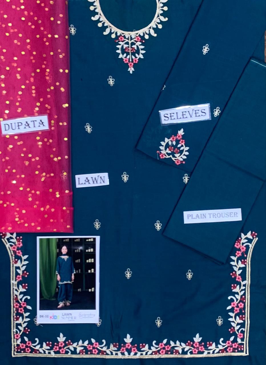 Kids 3PC Embroidered Summer Dress With Net Dupatta - Unstitched - DE-32