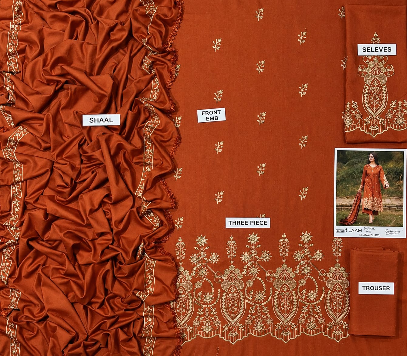 3-Piece Embroidered Dhanak Suit With Sequins Winter Fabrics