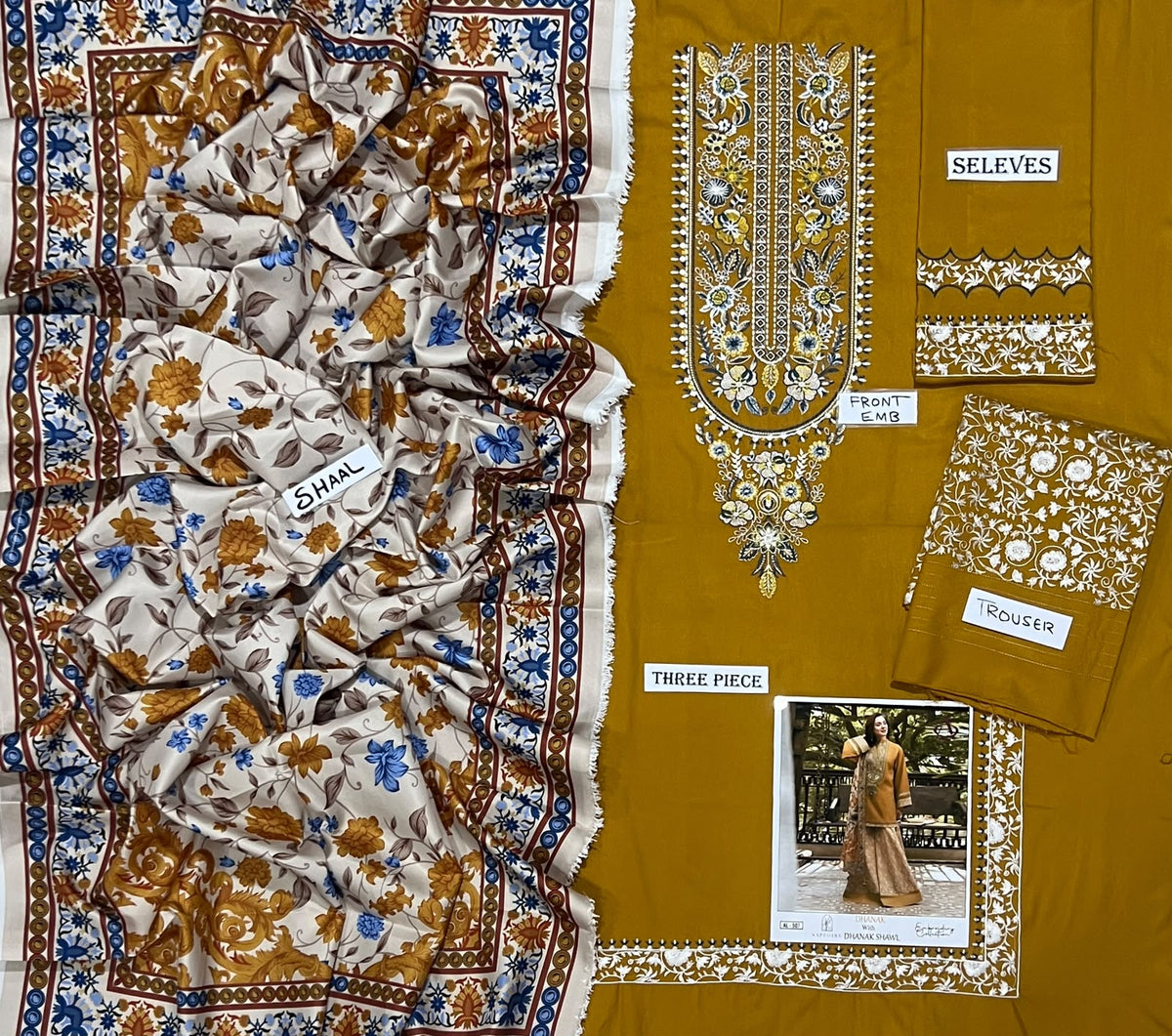 3-Piece Sapphire Premium Embroidered Dhanak Suit AL-507