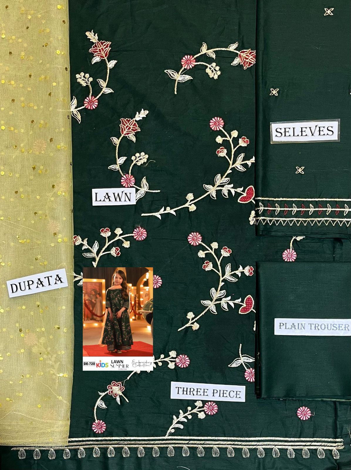 Kids 3PC Embroidered Summer Dress With Net Dupatta - Unstitched - DE-720