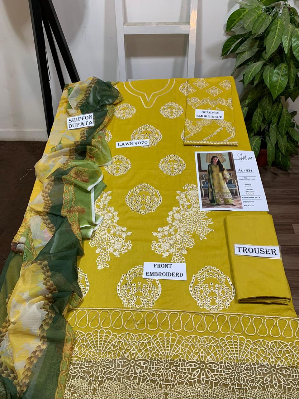 3 Piece - Embroidered Lawn Suit With Printed Chiffon Dupatta