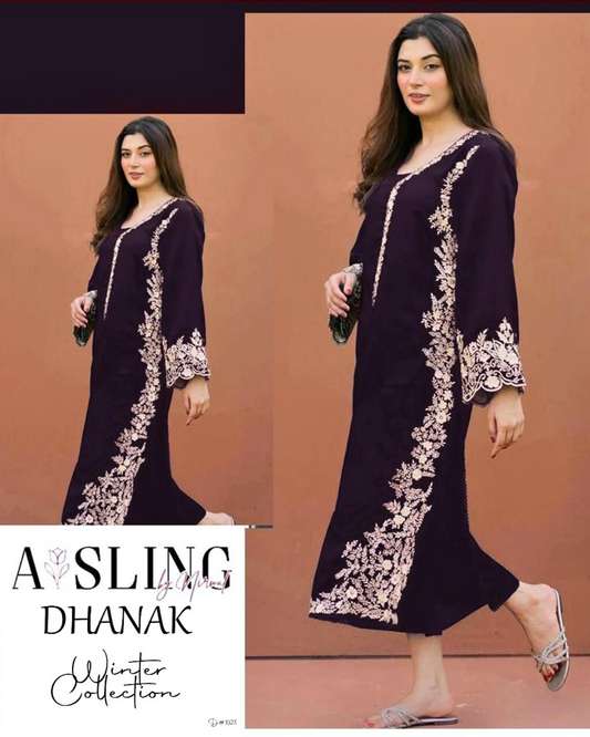 Embroidered 2Pc Dhanak Unstitched Winter Dress With EMB Patches - Plum W04