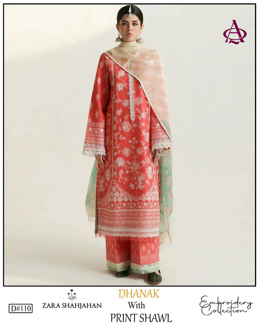 Fully EMB 3PC Dhanak Unstitched Winter Dress With Wool Shawl - W109