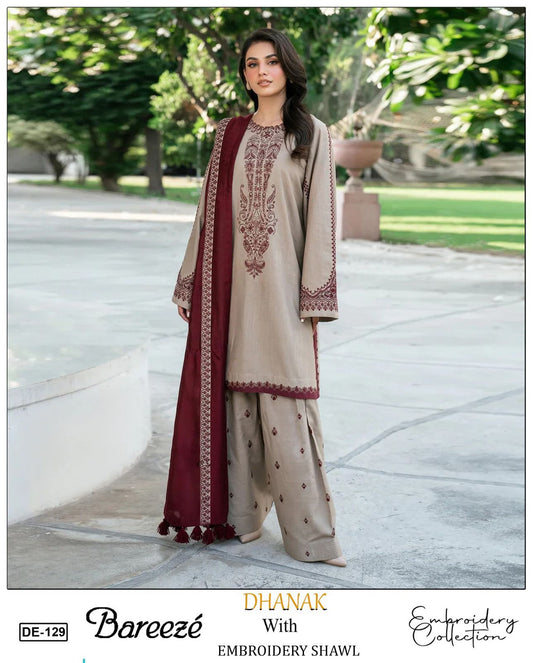 EMB 3PC Dhanak Unstitched Winter Dress With EMB Shawl- W124