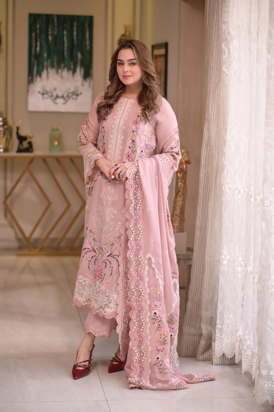 3 Piece - Embroidered Lawn Suit With Slub Monar Dupatta