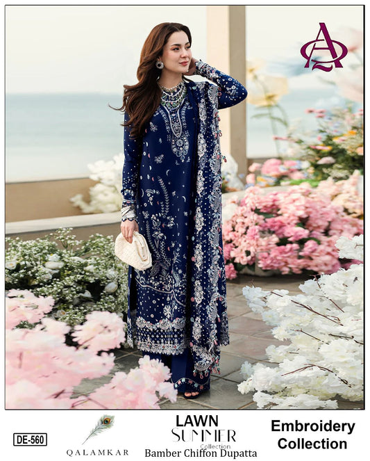 3 Piece - Embroidered Lawn Suit With Chiffon Dupatta