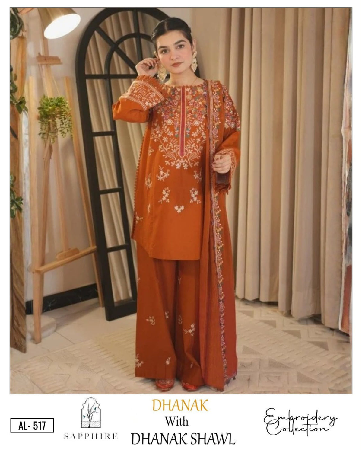 3-Piece Sapphire Premium Embroidered Dhanak Suit AL-517