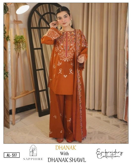 3-Piece Sapphire Premium Embroidered Dhanak Suit AL-517