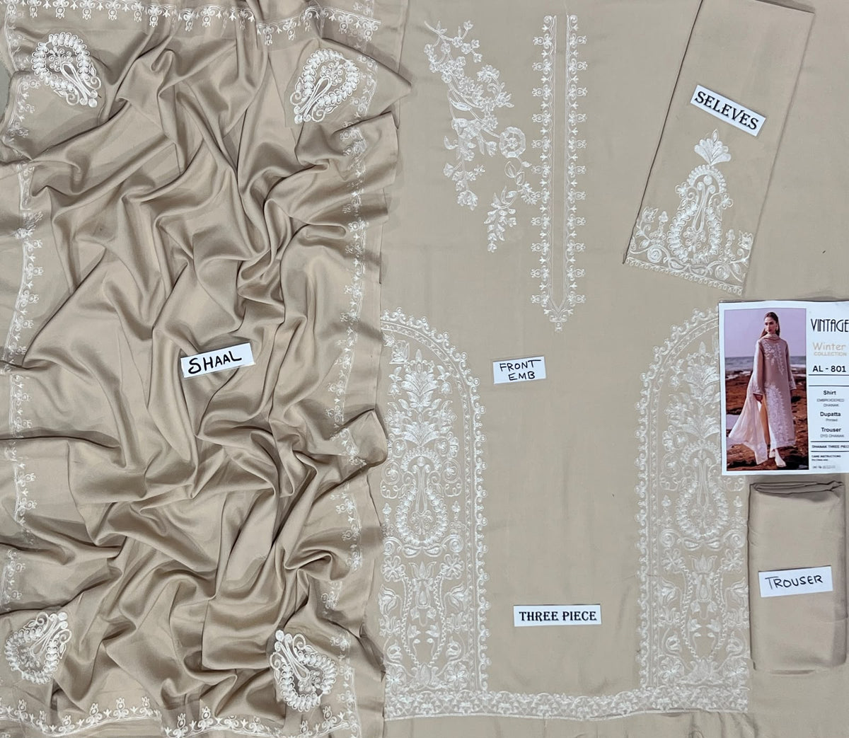 3-Piece Vintage Premium Embroidered Dhanak Suit AL-801