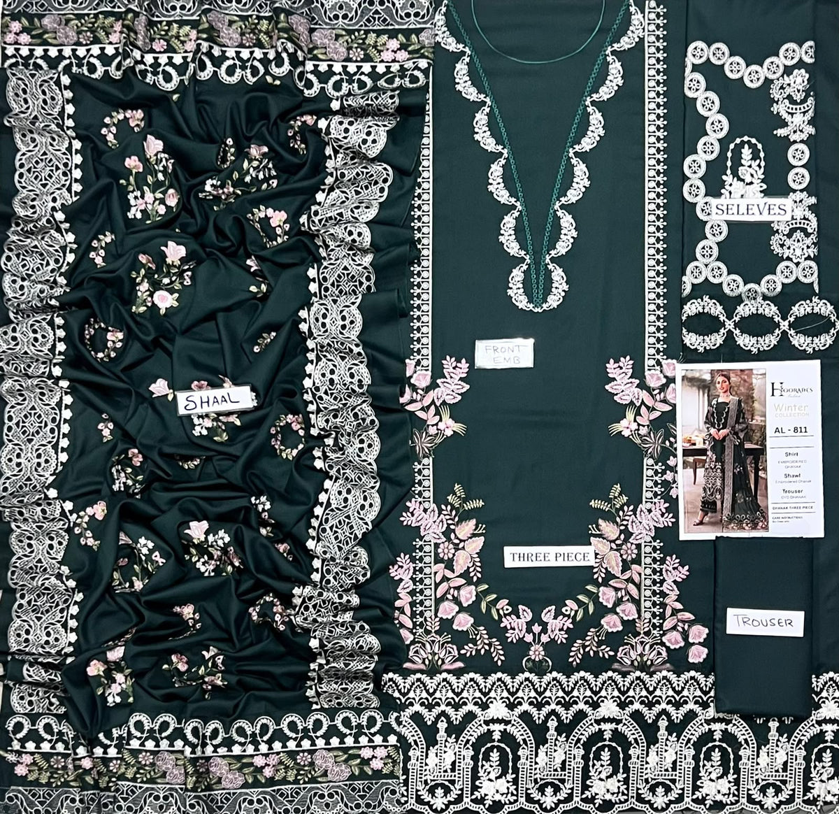 3-Piece Premium Embroidered Dhanak Suit AL-811GR