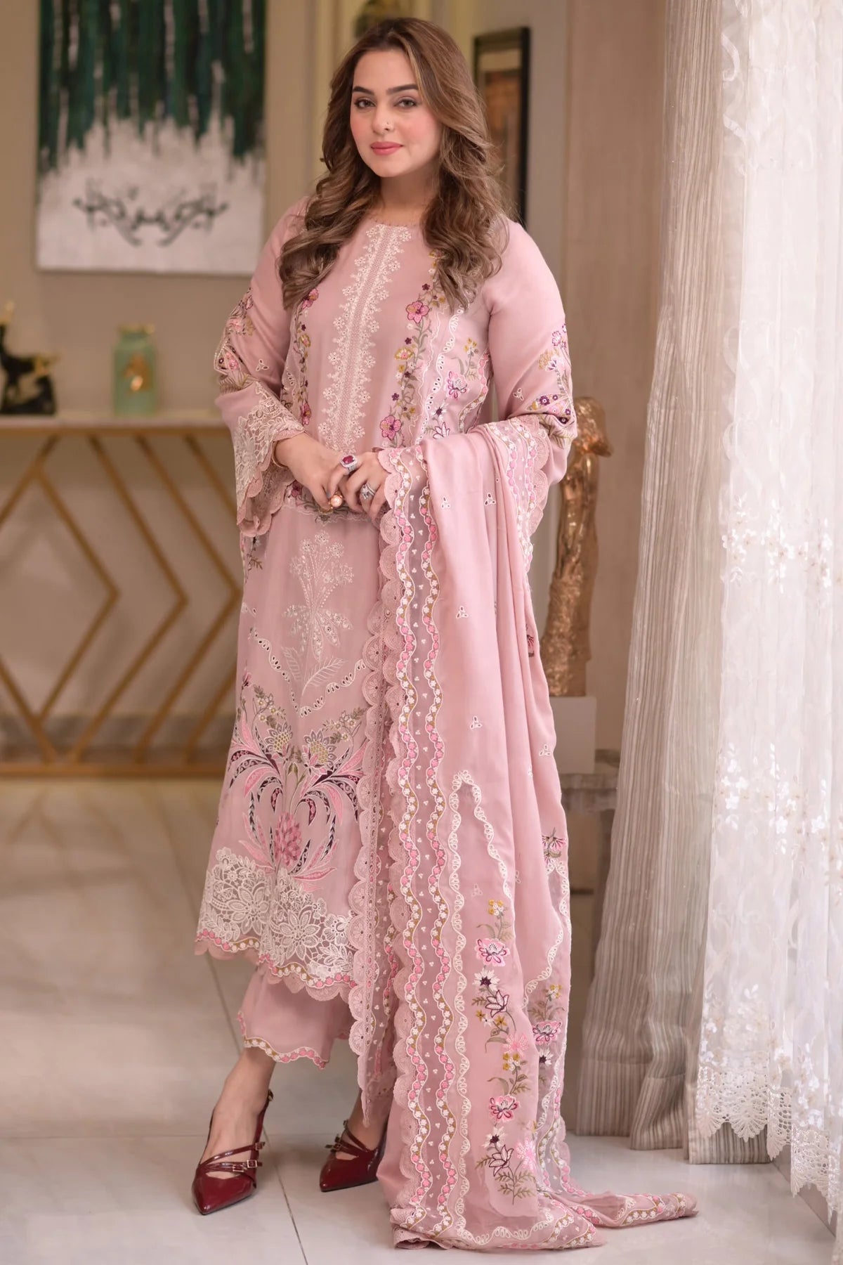 3 Piece - Embroidered Lawn Suit With Embroidered Chiffon Dupatta AL-816