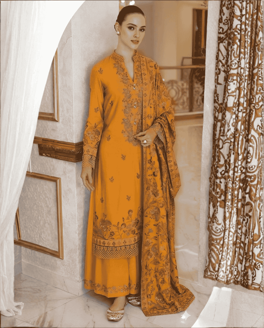 3-Piece Bareeze Inspired Premium Embroidered Dhanak Suit AL-823