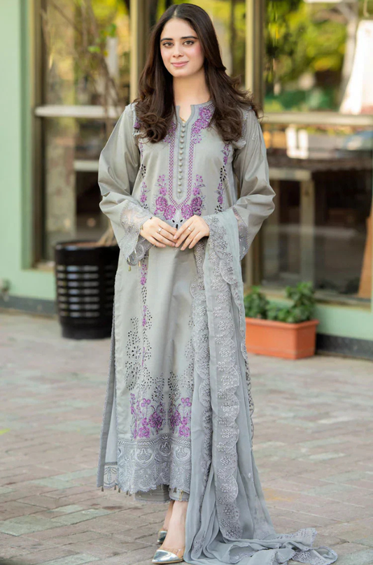 3 Piece - Embroidered Lawn Suit With Embroidered Chiffon Dupatta AL-827