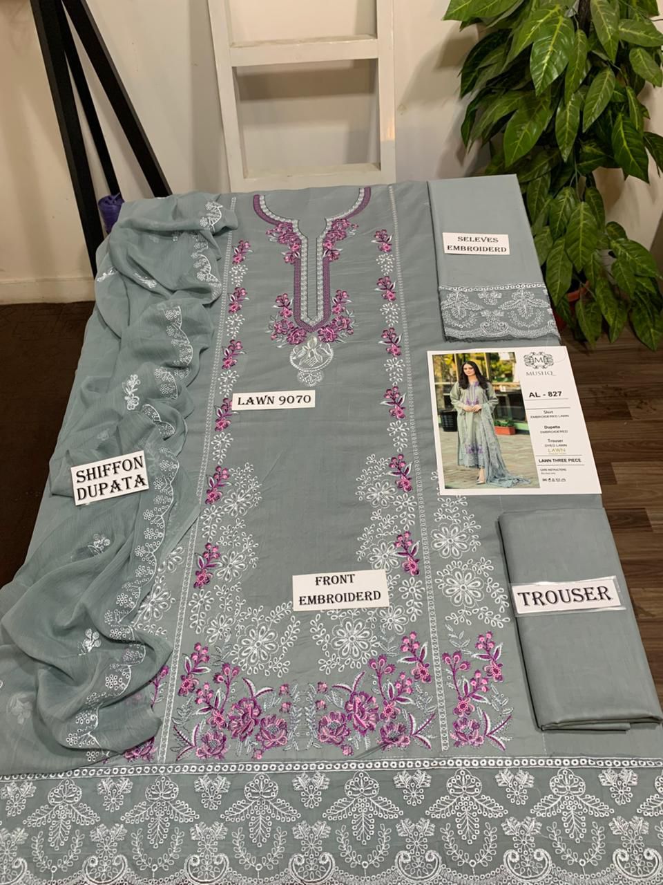 3 Piece - Embroidered Lawn Suit With Embroidered Chiffon Dupatta AL-827