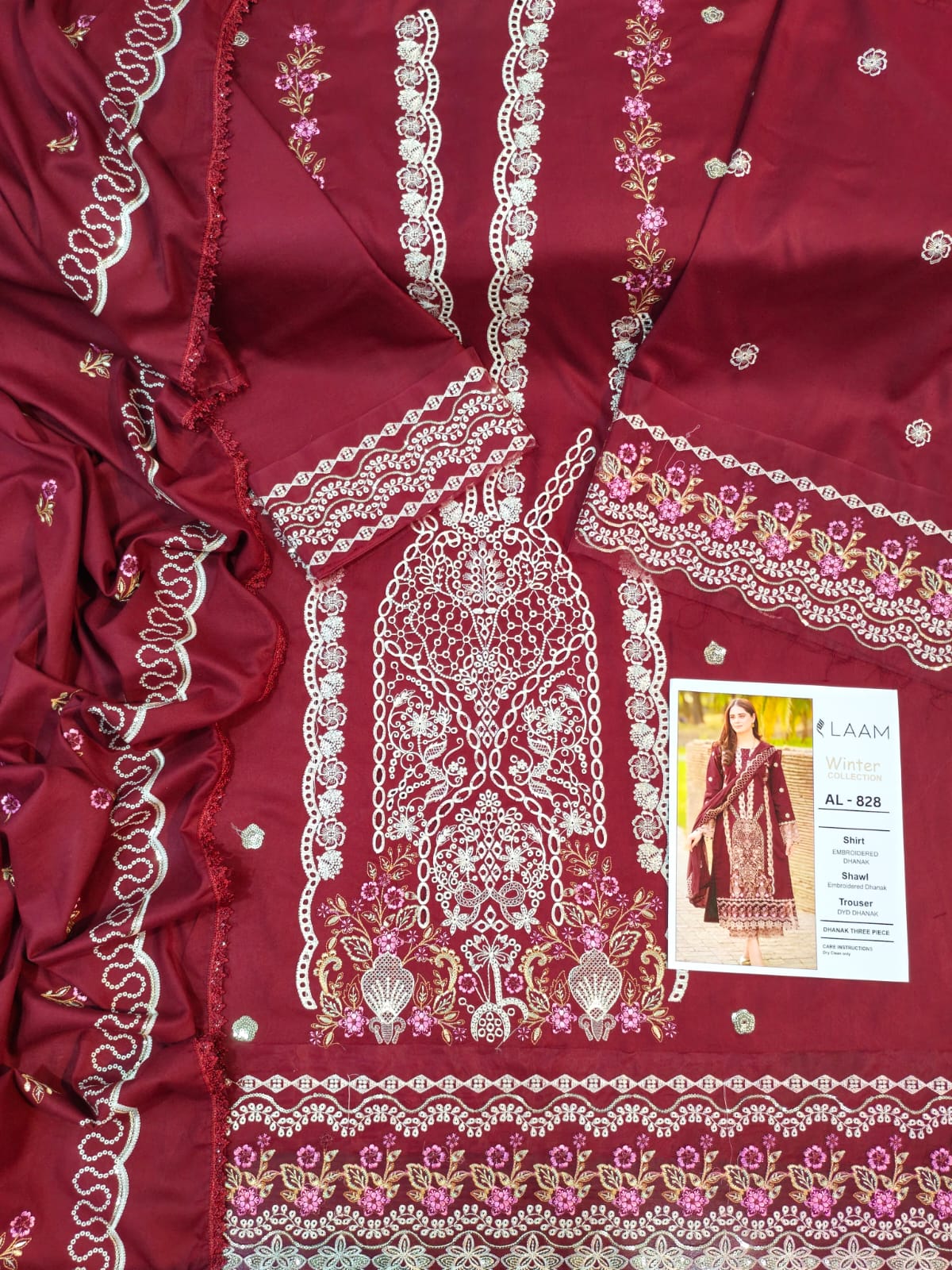 3-Piece Embroidered Dhanak Suit With Sequins Winter Fabrics AL-828M