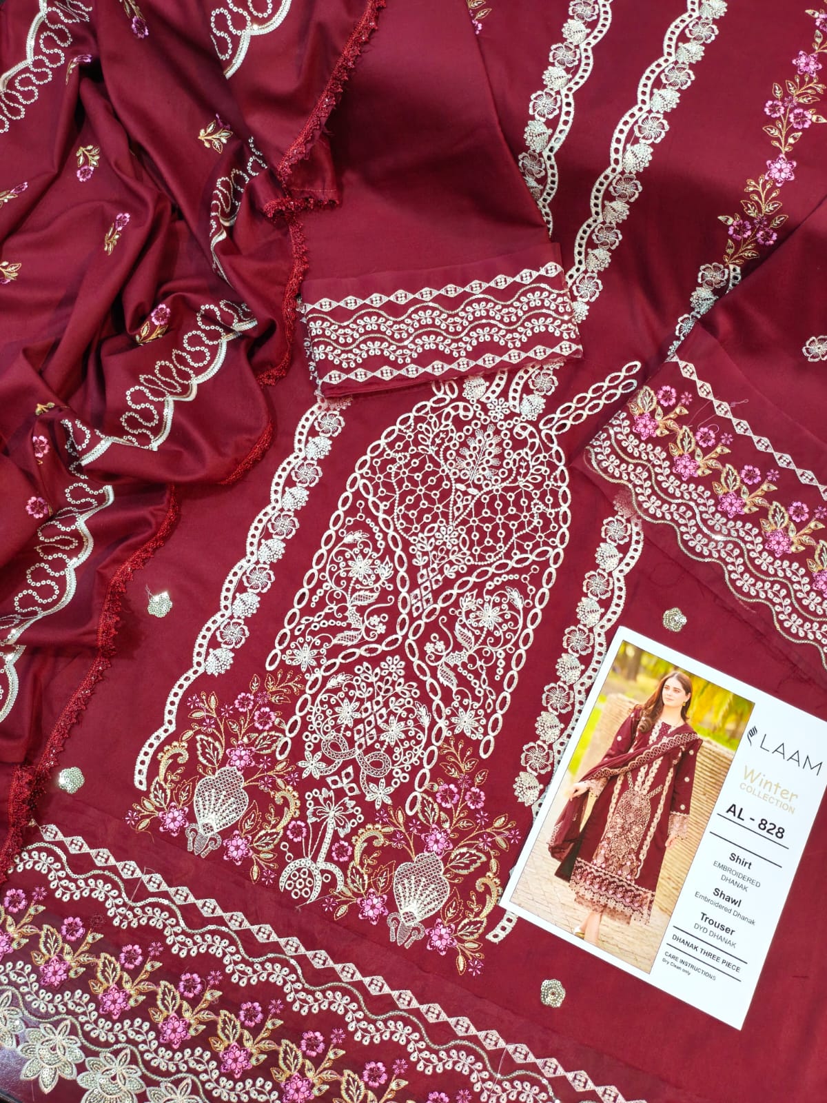 3-Piece Embroidered Dhanak Suit With Sequins Winter Fabrics AL-828M