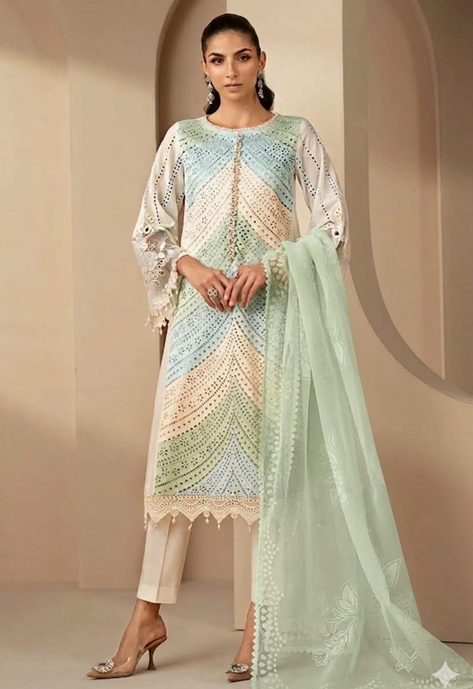 3 Piece - Embroidered Lawn Suit With Chiffon Emb Dupatta AL-830