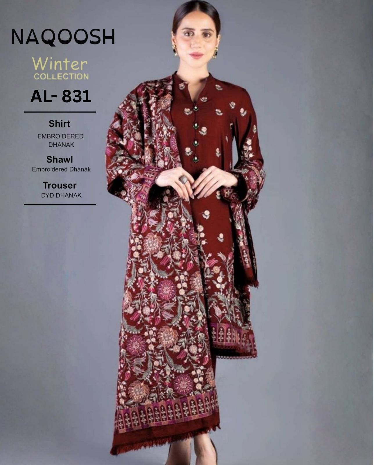 3-Piece Bareeze Inspired Premium Embroidered Dhanak Suit AL-831