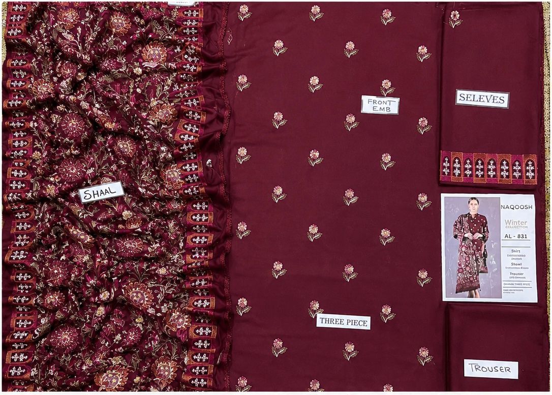 3-Piece Bareeze Inspired Premium Embroidered Dhanak Suit AL-831