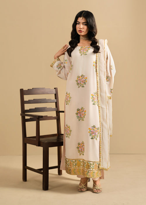 3-Piece Embroidered Dhanak Suit With Sequins Winter Fabrics