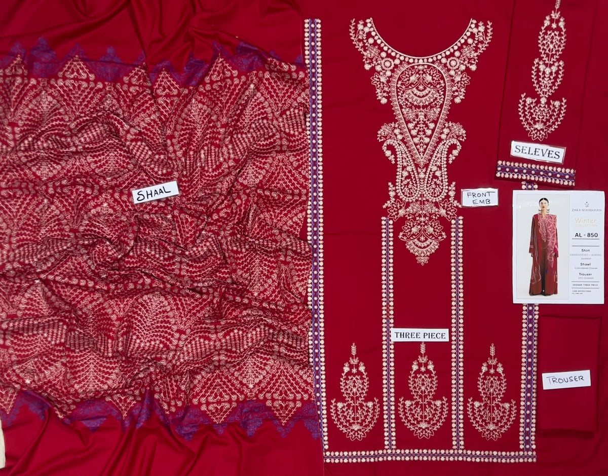 3-Piece Zara Shahjahan Premium Embroidered Dhanak Suit AL-850