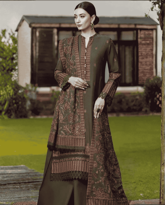 3-Piece Bareeze Inspired Premium Embroidered Dhanak Suit AL-855
