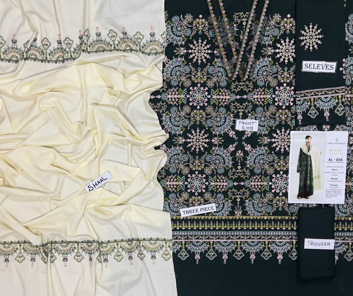 3-Piece Zara Shahjahan Premium Embroidered Winter Suit AL-856
