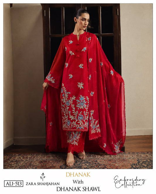 3-Piece Zara ShahJahan Premium Embroidered Dhanak Suit AL1-513