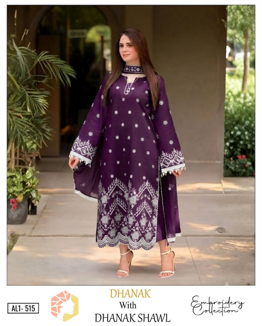 3-Piece Premium Embroidered Dhanak Suit AL1-515P