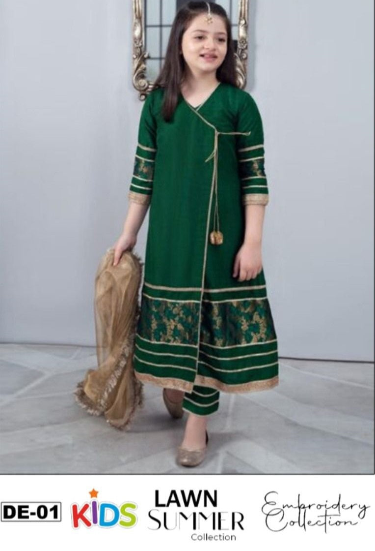 Kids 3PC Embroidered Summer Dress With Net Dupatta - Unstitched - DE-01