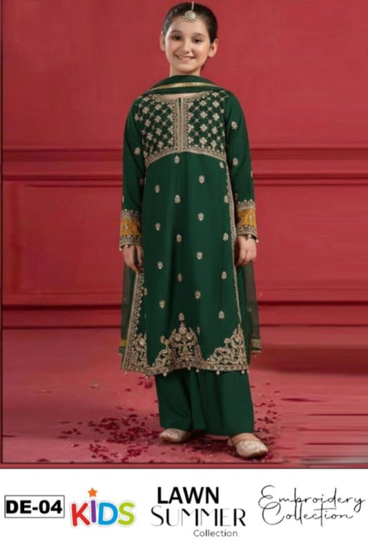 Kids 3PC Embroidered Summer Dress With Net Dupatta - Unstitched - DE-04