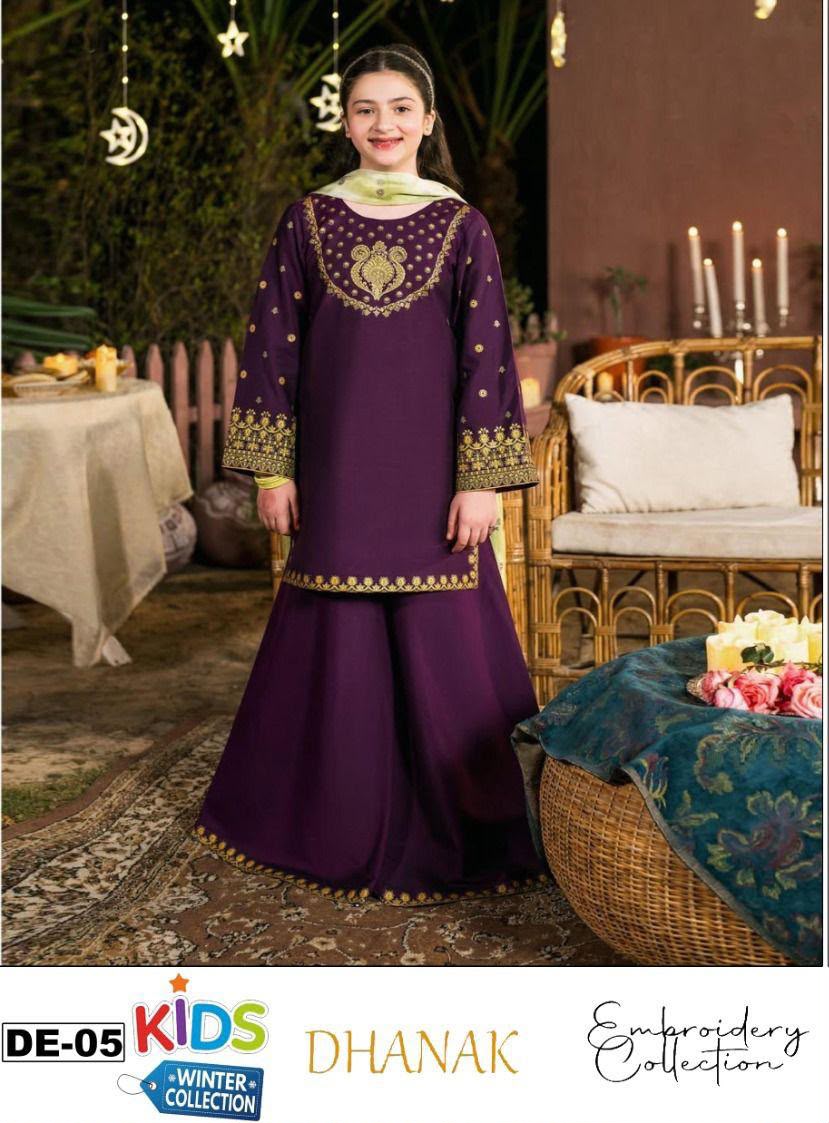 Kids 3PC Embroidered Winter Dress With Net Dupatta - Unstitched - DE-05