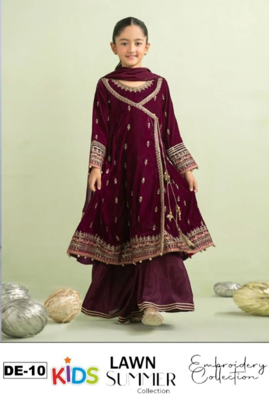 Kids 3PC Embroidered Summer Dress With Net Dupatta - Unstitched - DE-10