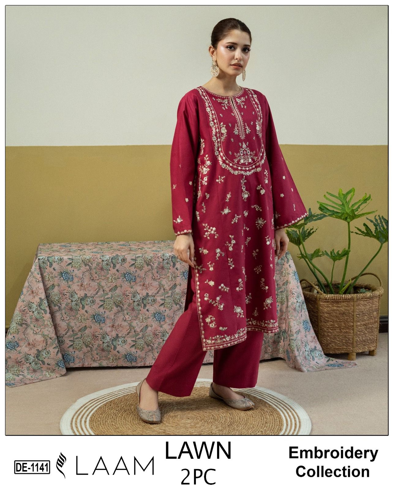 Embroidered 2Pc Lawn Unstitched Summer Dress - DE-1141RD